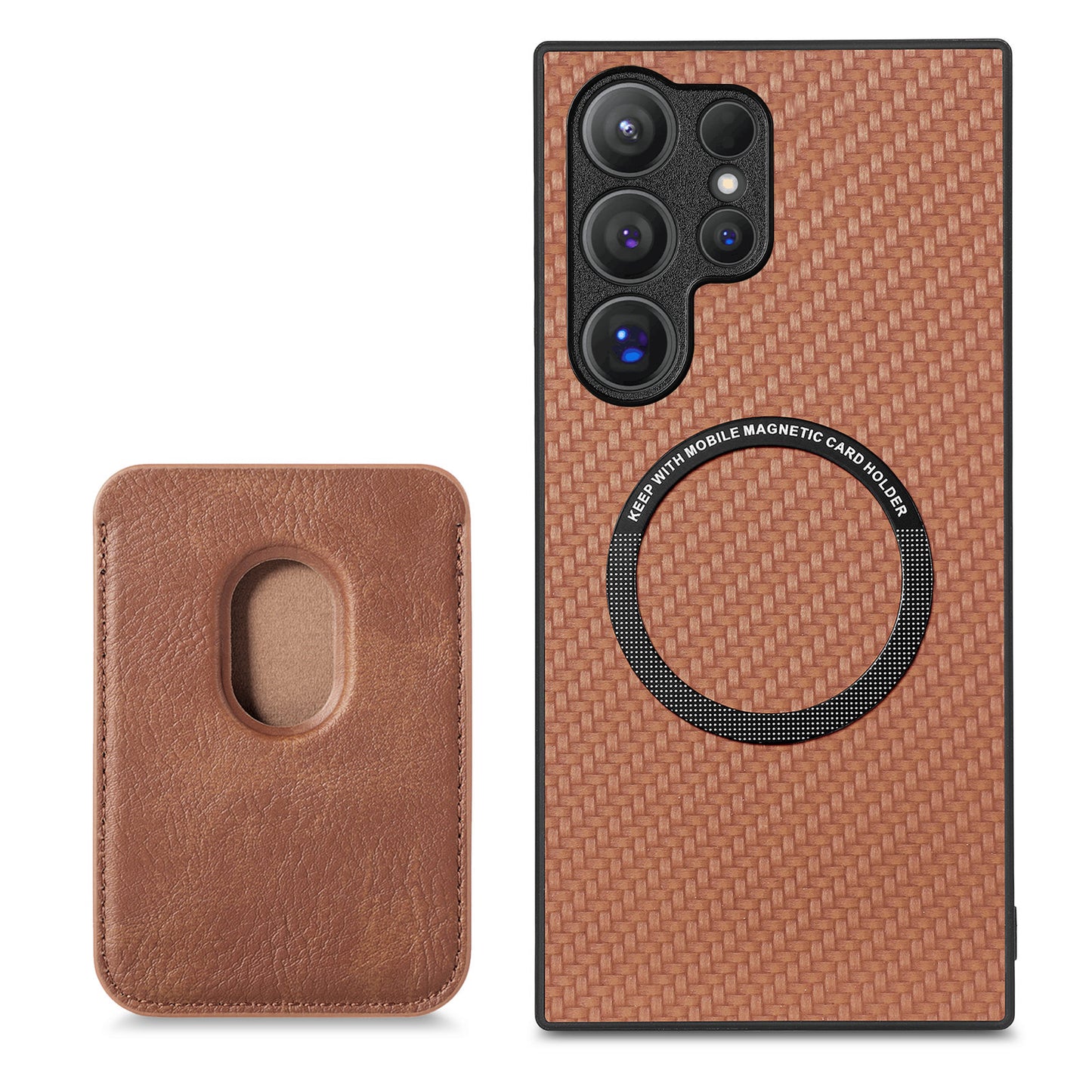 For Samsung Galaxy S24 Ultra Case Carbon Fiber Detachable Magnetic Card Slot Phone Protector - Brown