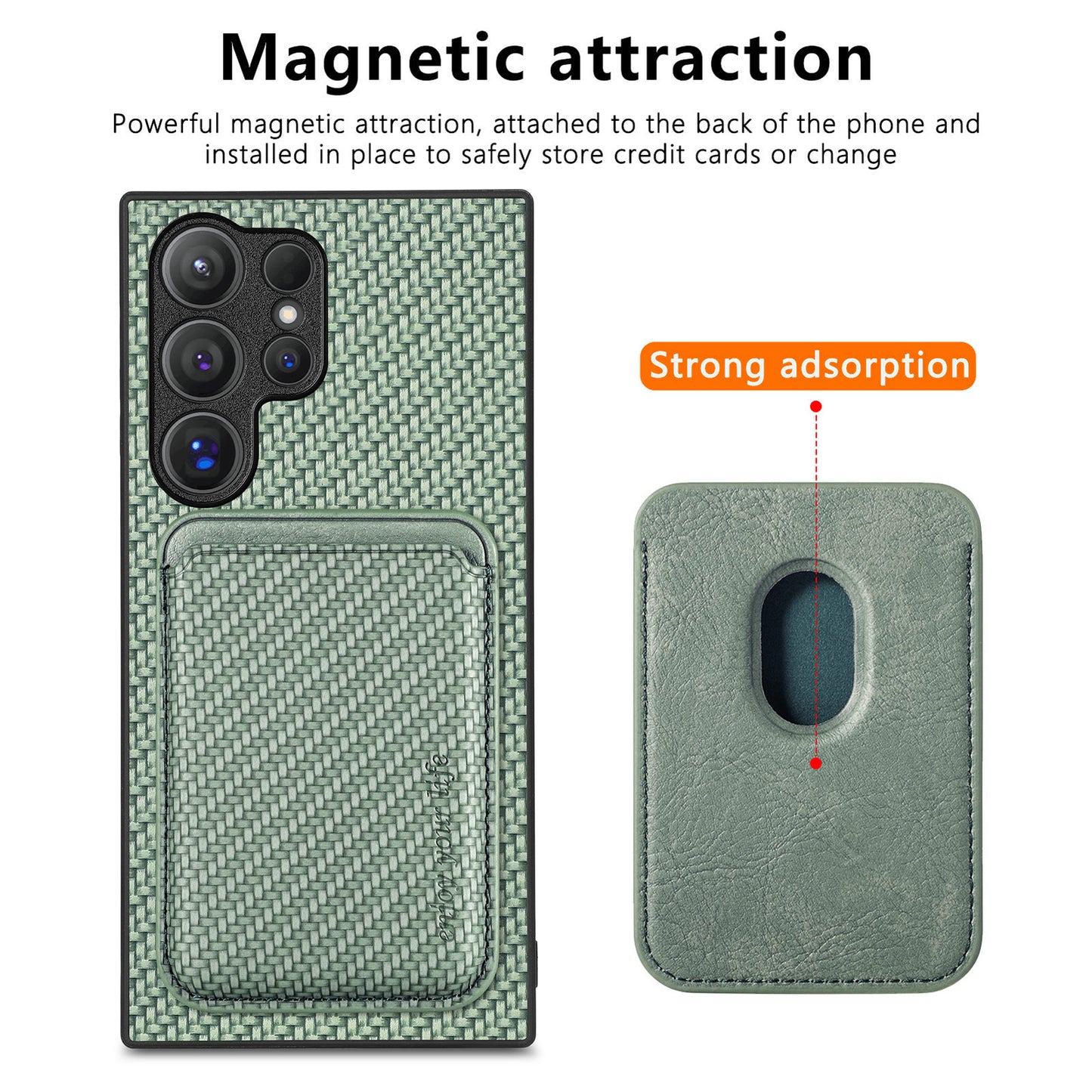 For Samsung Galaxy S24 Ultra Case Carbon Fiber Detachable Magnetic Card Slot Phone Protector - Green