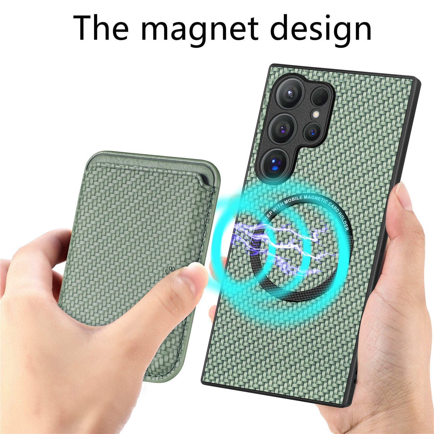 For Samsung Galaxy S24 Ultra Case Carbon Fiber Detachable Magnetic Card Slot Phone Protector - Green