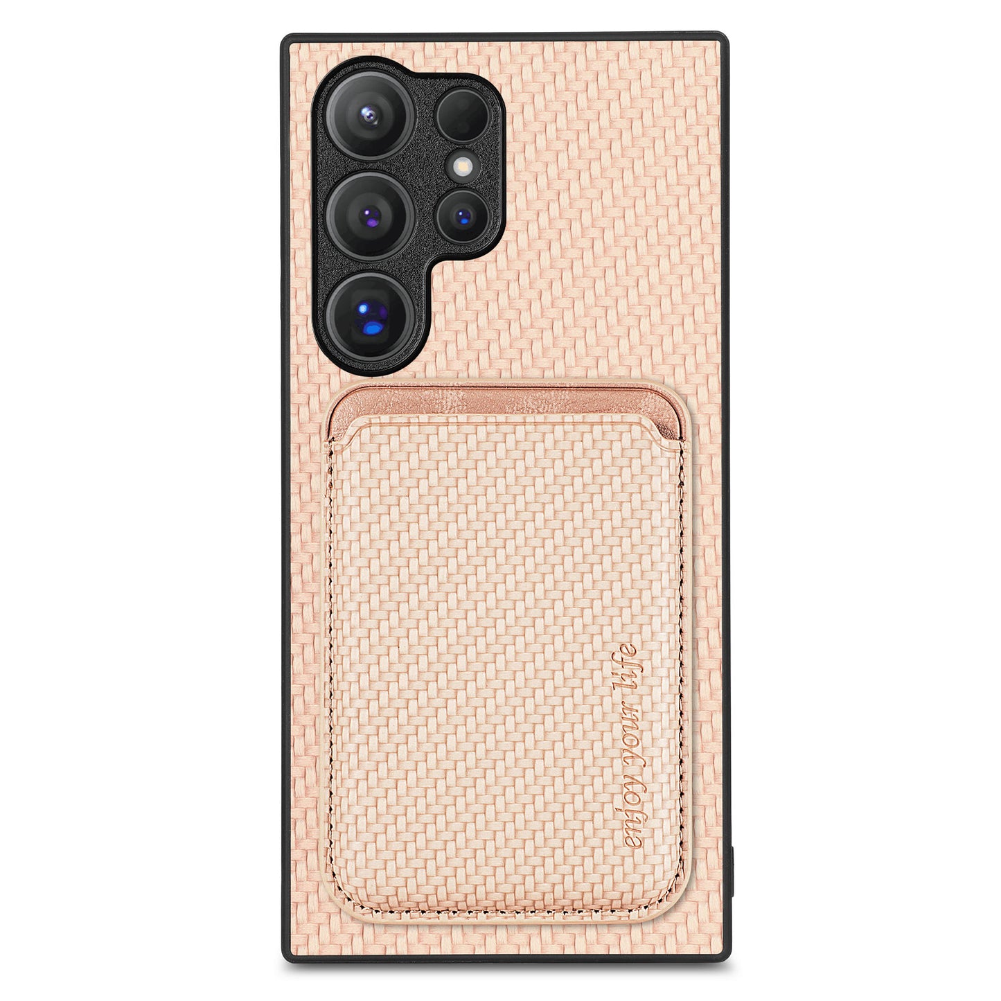For Samsung Galaxy S24 Ultra Case Carbon Fiber Detachable Magnetic Card Slot Phone Protector - Khaki