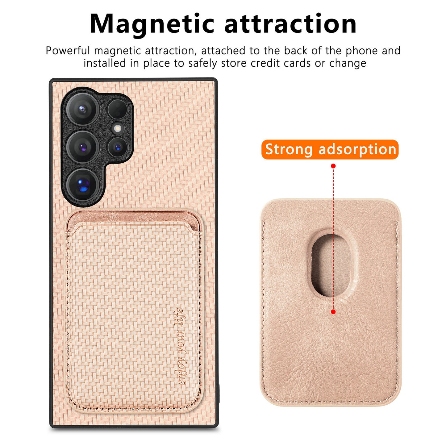 For Samsung Galaxy S24 Ultra Case Carbon Fiber Detachable Magnetic Card Slot Phone Protector - Khaki
