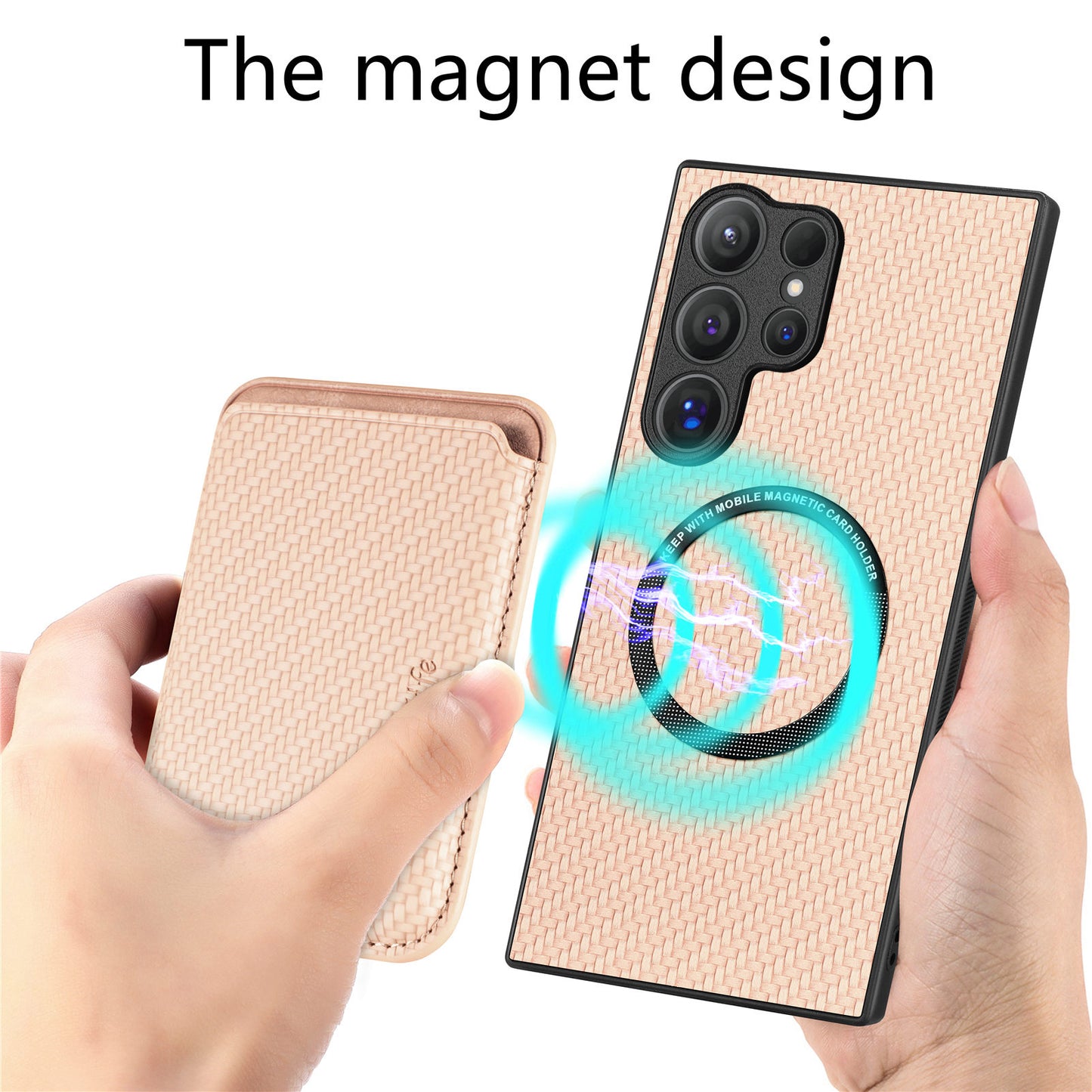 For Samsung Galaxy S24 Ultra Case Carbon Fiber Detachable Magnetic Card Slot Phone Protector - Khaki