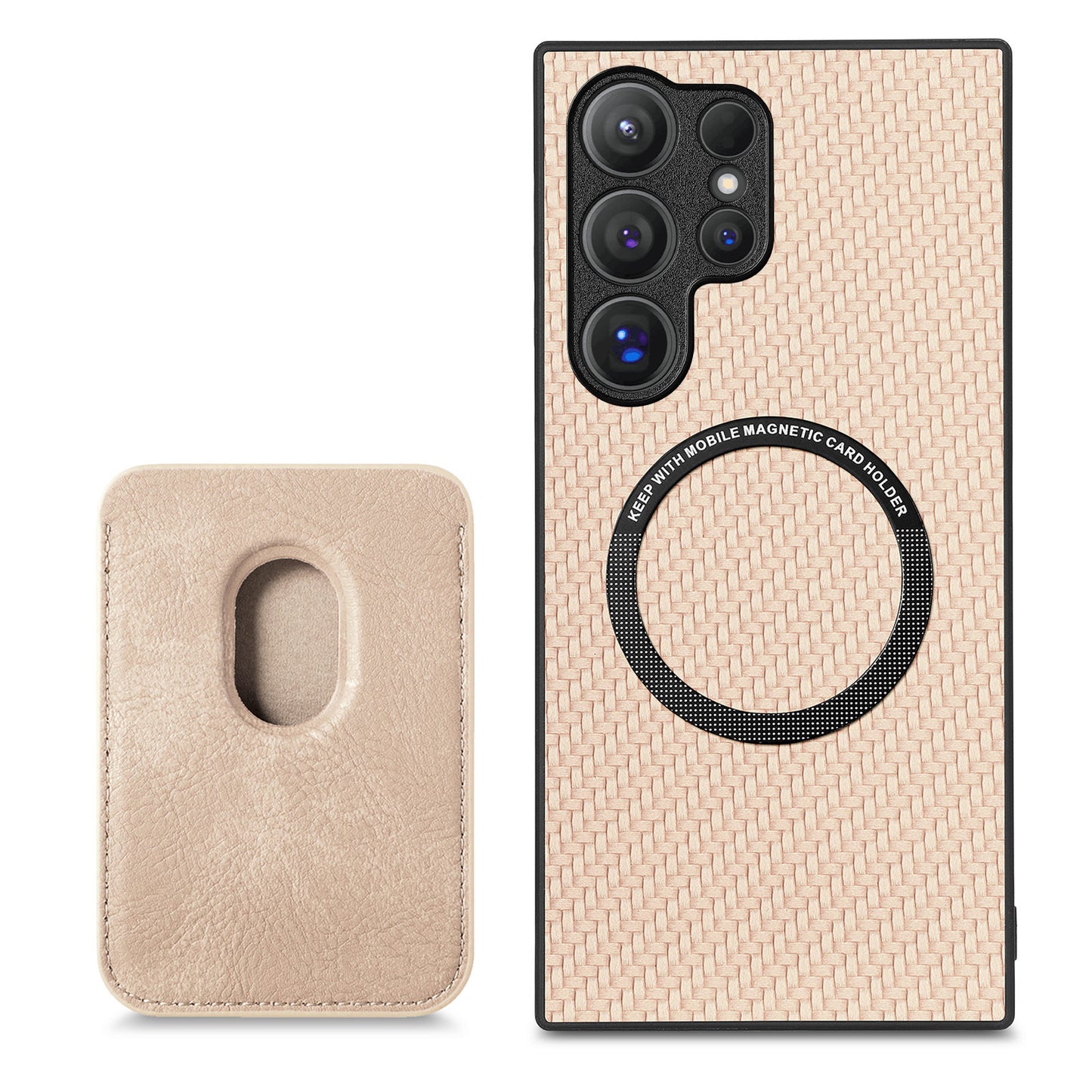 For Samsung Galaxy S24 Ultra Case Carbon Fiber Detachable Magnetic Card Slot Phone Protector - Khaki