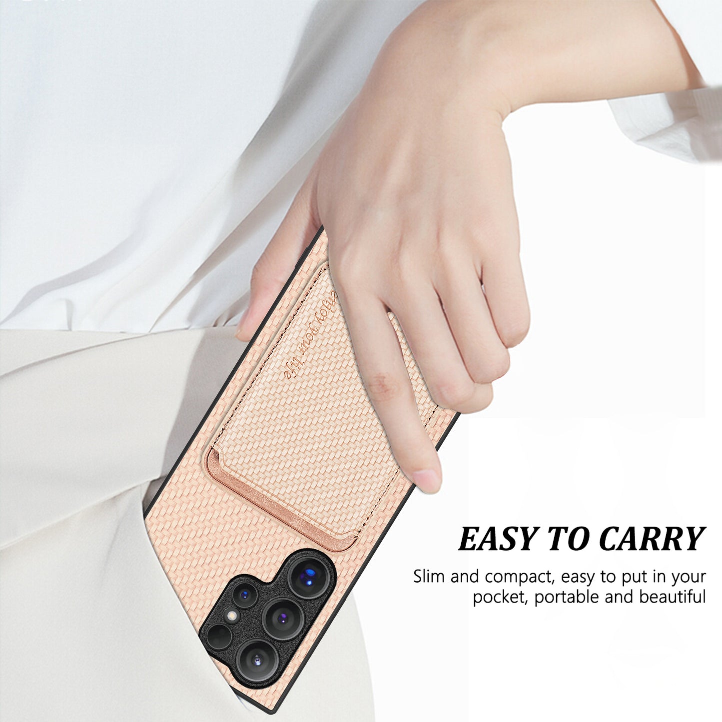 For Samsung Galaxy S24 Ultra Case Carbon Fiber Detachable Magnetic Card Slot Phone Protector - Khaki