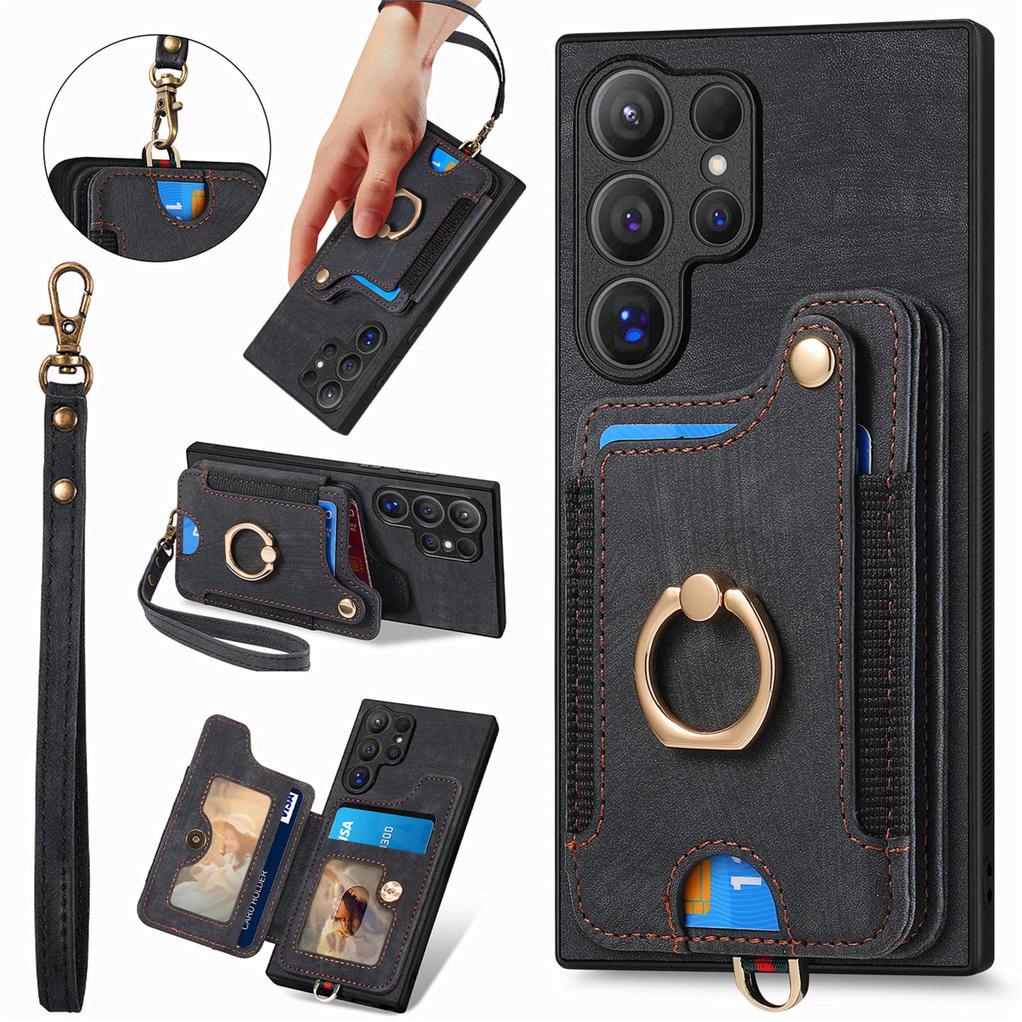 D4 For Samsung Galaxy S24 Ultra Leather Back Cover RFID Blocking Kickstand Phone Case with Card Slots - Black