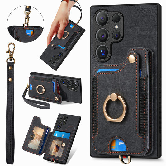 D4 For Samsung Galaxy S24 Ultra Leather Back Cover RFID Blocking Kickstand Phone Case with Card Slots - Black