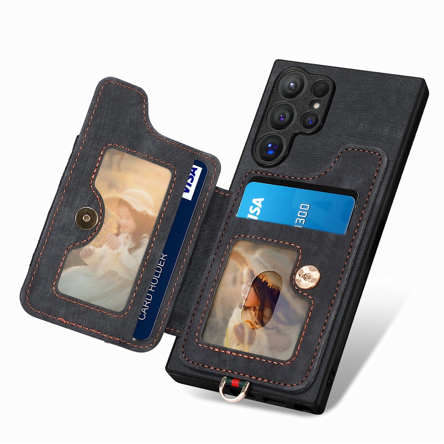 D4 For Samsung Galaxy S24 Ultra Leather Back Cover RFID Blocking Kickstand Phone Case with Card Slots - Black