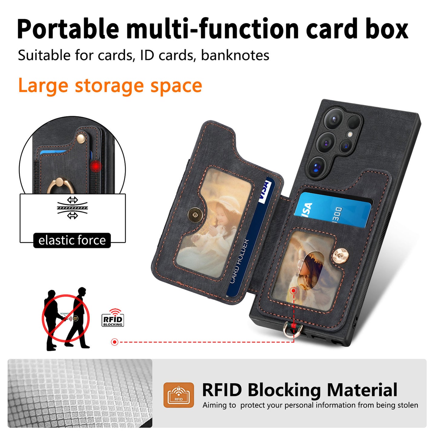 D4 For Samsung Galaxy S24 Ultra Leather Back Cover RFID Blocking Kickstand Phone Case with Card Slots - Black