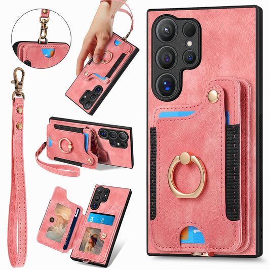 D4 For Samsung Galaxy S24 Ultra Leather Back Cover RFID Blocking Kickstand Phone Case with Card Slots - Pink