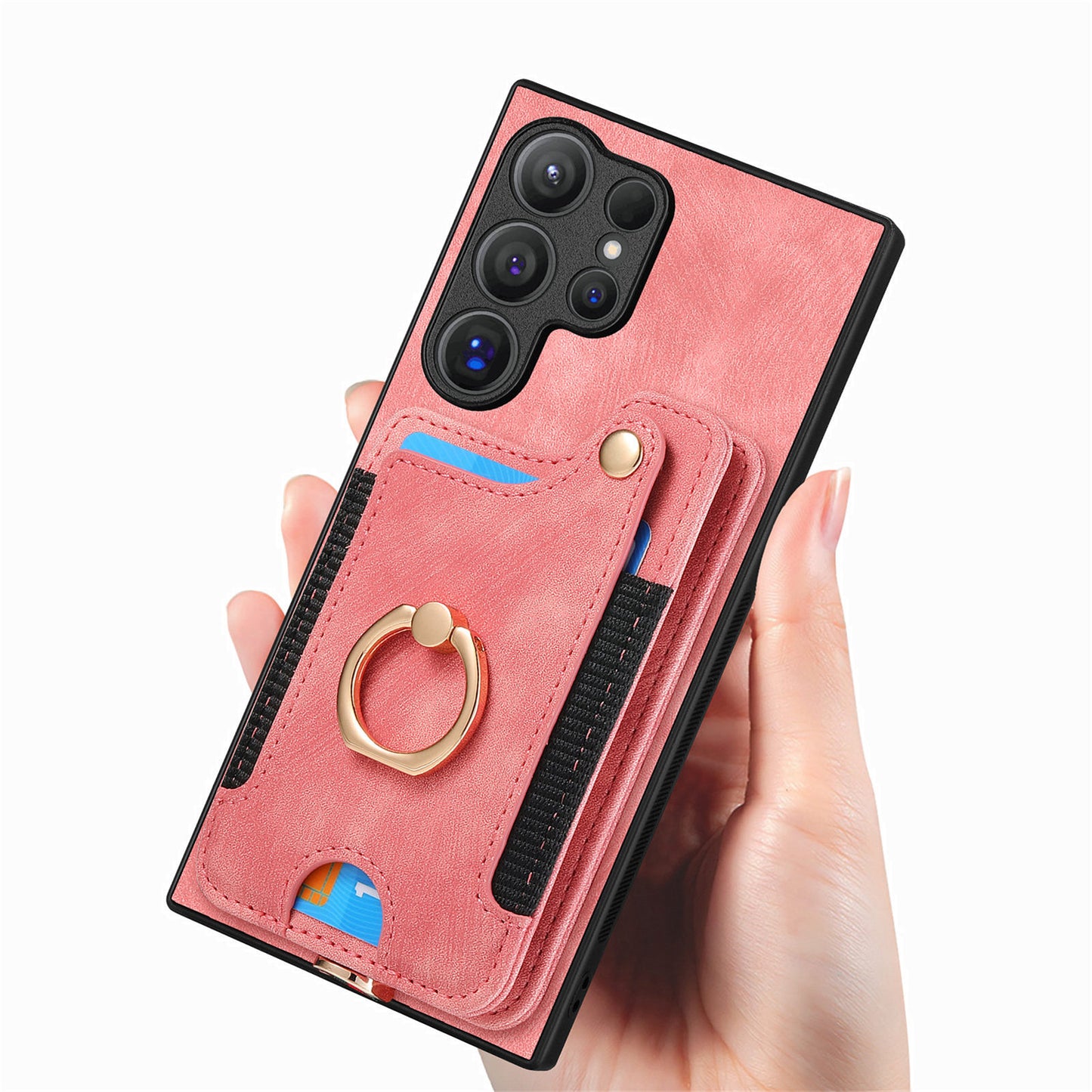 D4 For Samsung Galaxy S24 Ultra Leather Back Cover RFID Blocking Kickstand Phone Case with Card Slots - Pink
