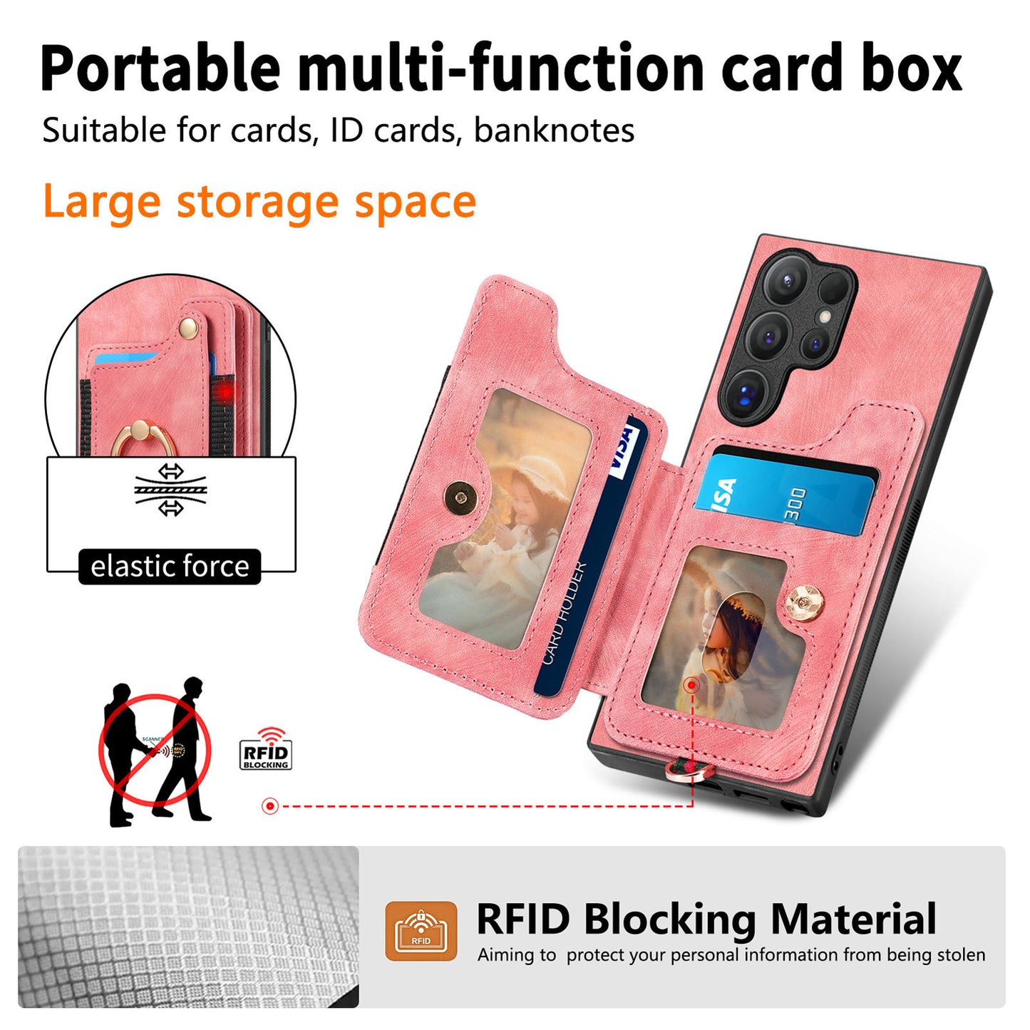 D4 For Samsung Galaxy S24 Ultra Leather Back Cover RFID Blocking Kickstand Phone Case with Card Slots - Pink