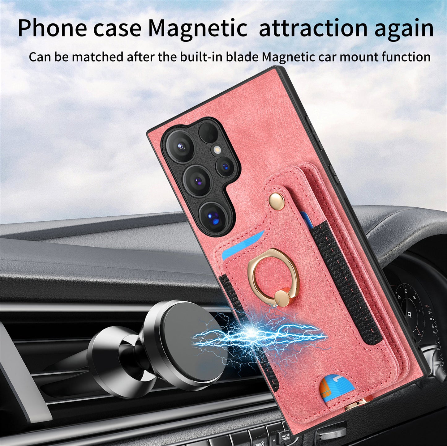 D4 For Samsung Galaxy S24 Ultra Leather Back Cover RFID Blocking Kickstand Phone Case with Card Slots - Pink