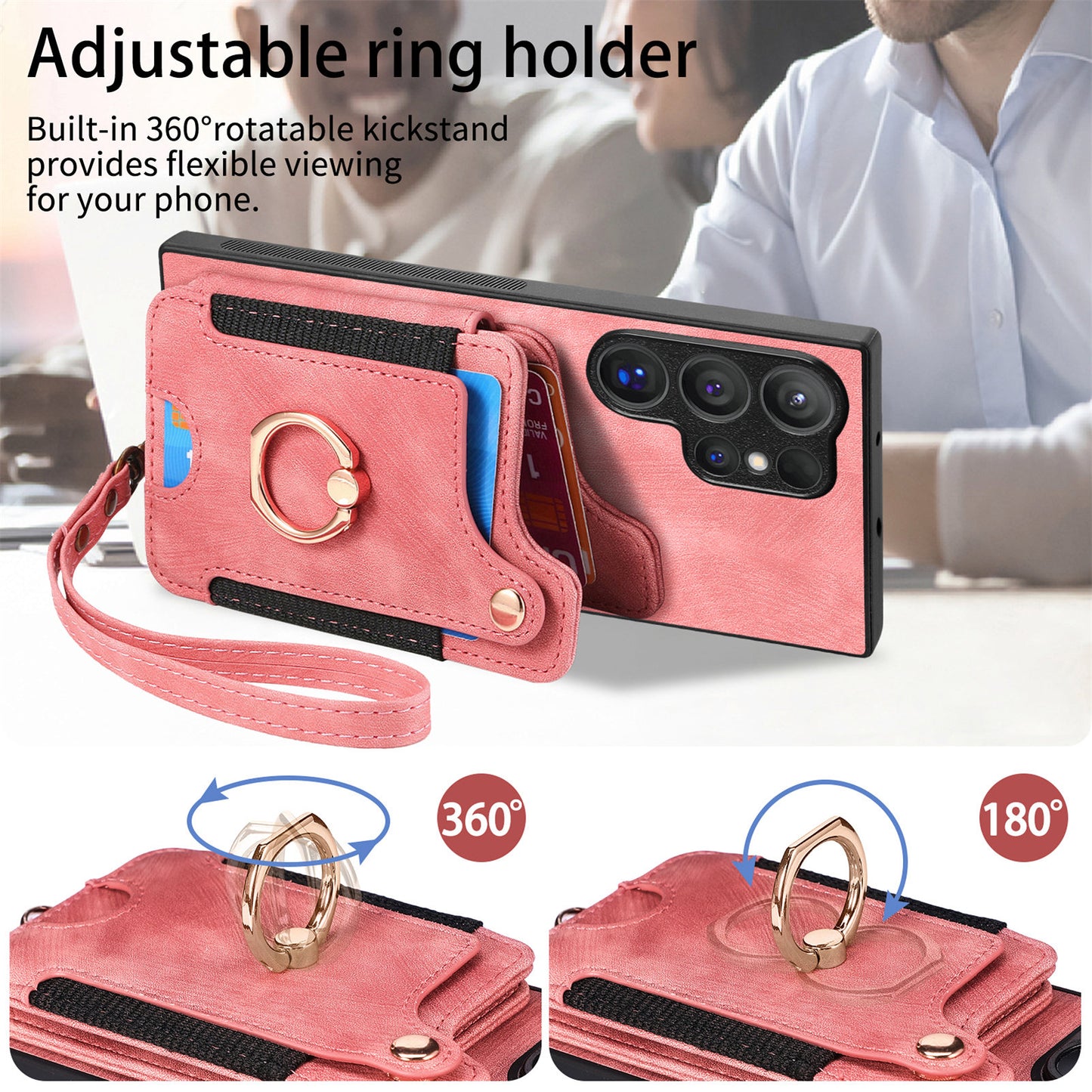 D4 For Samsung Galaxy S24 Ultra Leather Back Cover RFID Blocking Kickstand Phone Case with Card Slots - Pink