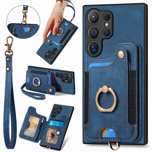 D4 For Samsung Galaxy S24 Ultra Leather Back Cover RFID Blocking Kickstand Phone Case with Card Slots - Blue