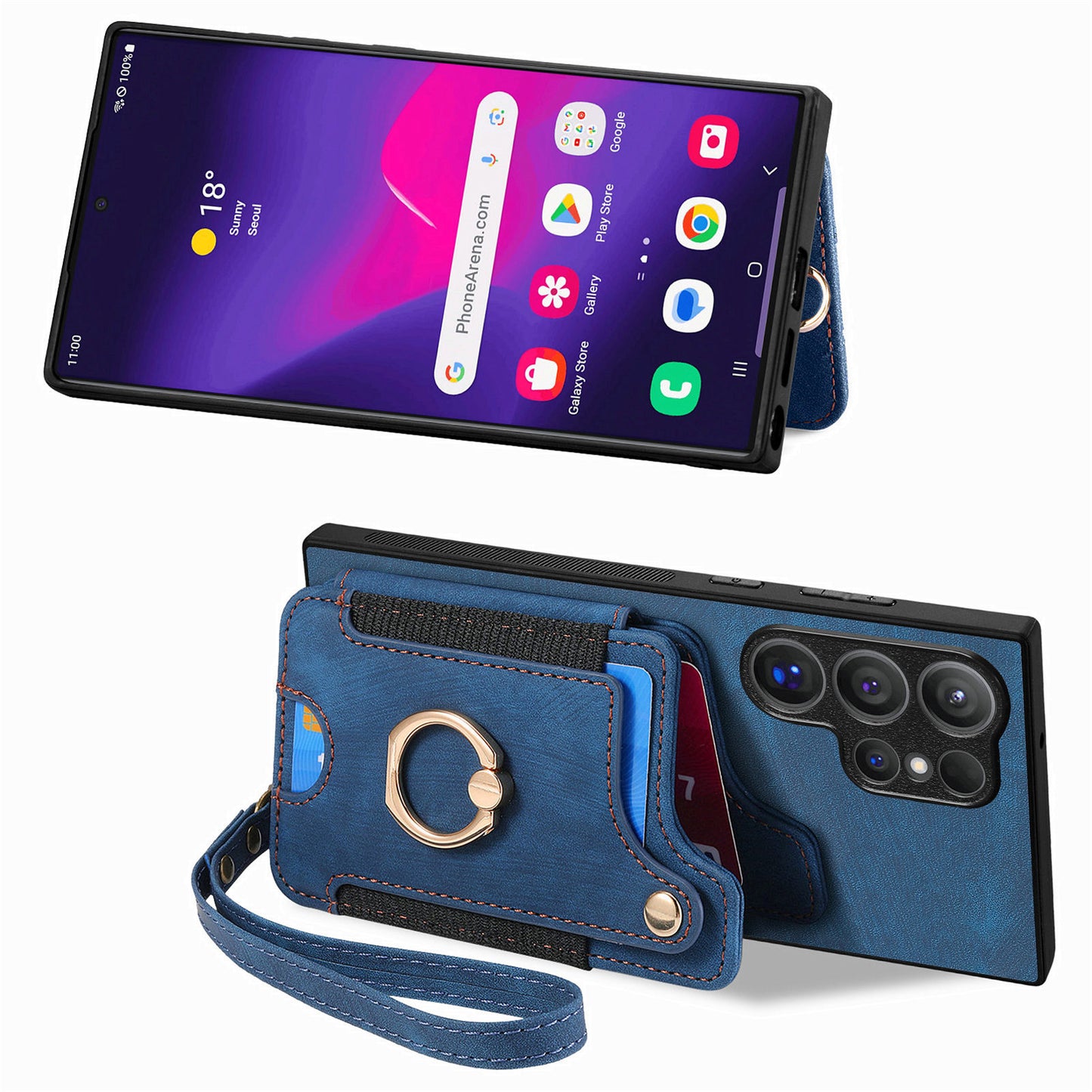 D4 For Samsung Galaxy S24 Ultra Leather Back Cover RFID Blocking Kickstand Phone Case with Card Slots - Blue