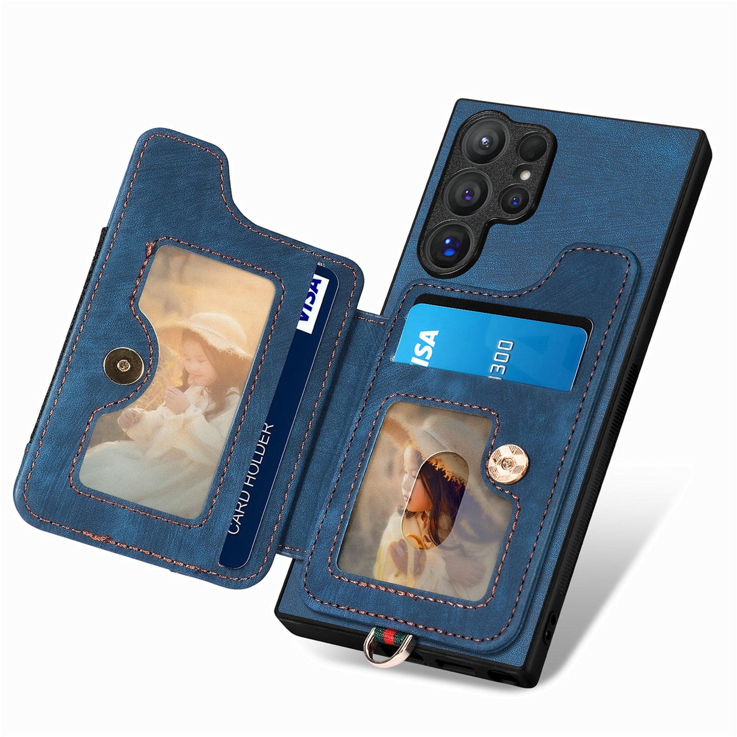D4 For Samsung Galaxy S24 Ultra Leather Back Cover RFID Blocking Kickstand Phone Case with Card Slots - Blue
