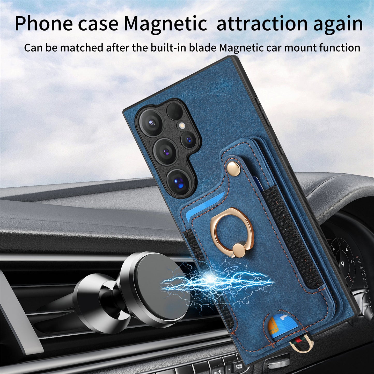 D4 For Samsung Galaxy S24 Ultra Leather Back Cover RFID Blocking Kickstand Phone Case with Card Slots - Blue