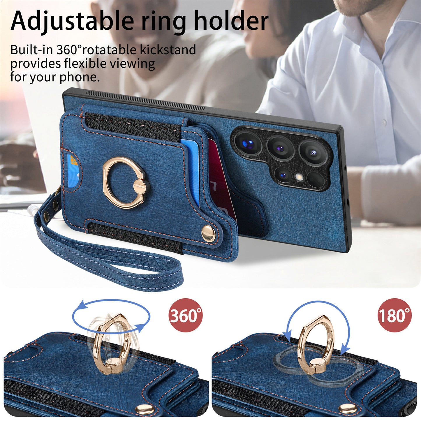 D4 For Samsung Galaxy S24 Ultra Leather Back Cover RFID Blocking Kickstand Phone Case with Card Slots - Blue