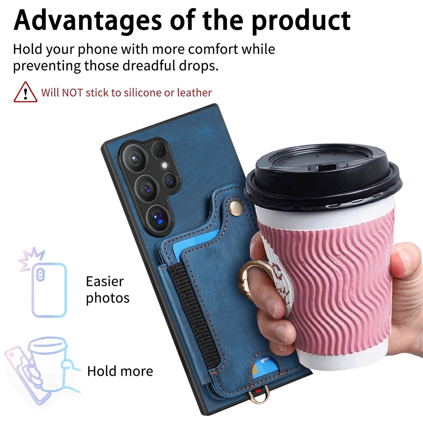D4 For Samsung Galaxy S24 Ultra Leather Back Cover RFID Blocking Kickstand Phone Case with Card Slots - Blue