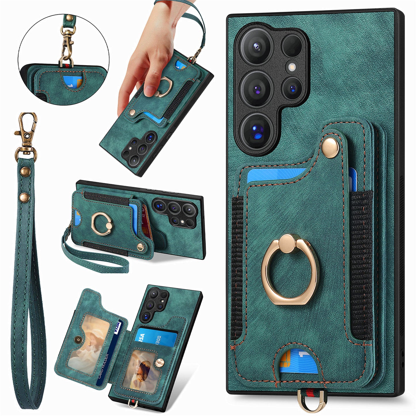 D4 For Samsung Galaxy S24 Ultra Leather Back Cover RFID Blocking Kickstand Phone Case with Card Slots - Green