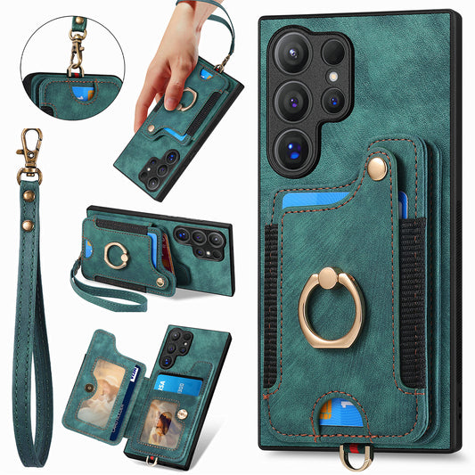 D4 For Samsung Galaxy S24 Ultra Leather Back Cover RFID Blocking Kickstand Phone Case with Card Slots - Green