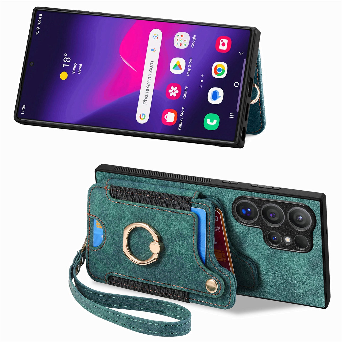 D4 For Samsung Galaxy S24 Ultra Leather Back Cover RFID Blocking Kickstand Phone Case with Card Slots - Green