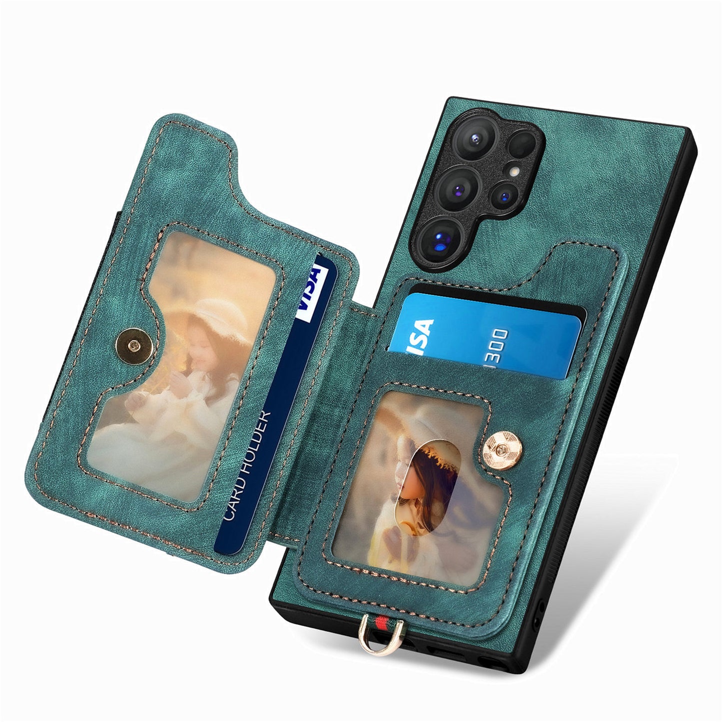 D4 For Samsung Galaxy S24 Ultra Leather Back Cover RFID Blocking Kickstand Phone Case with Card Slots - Green