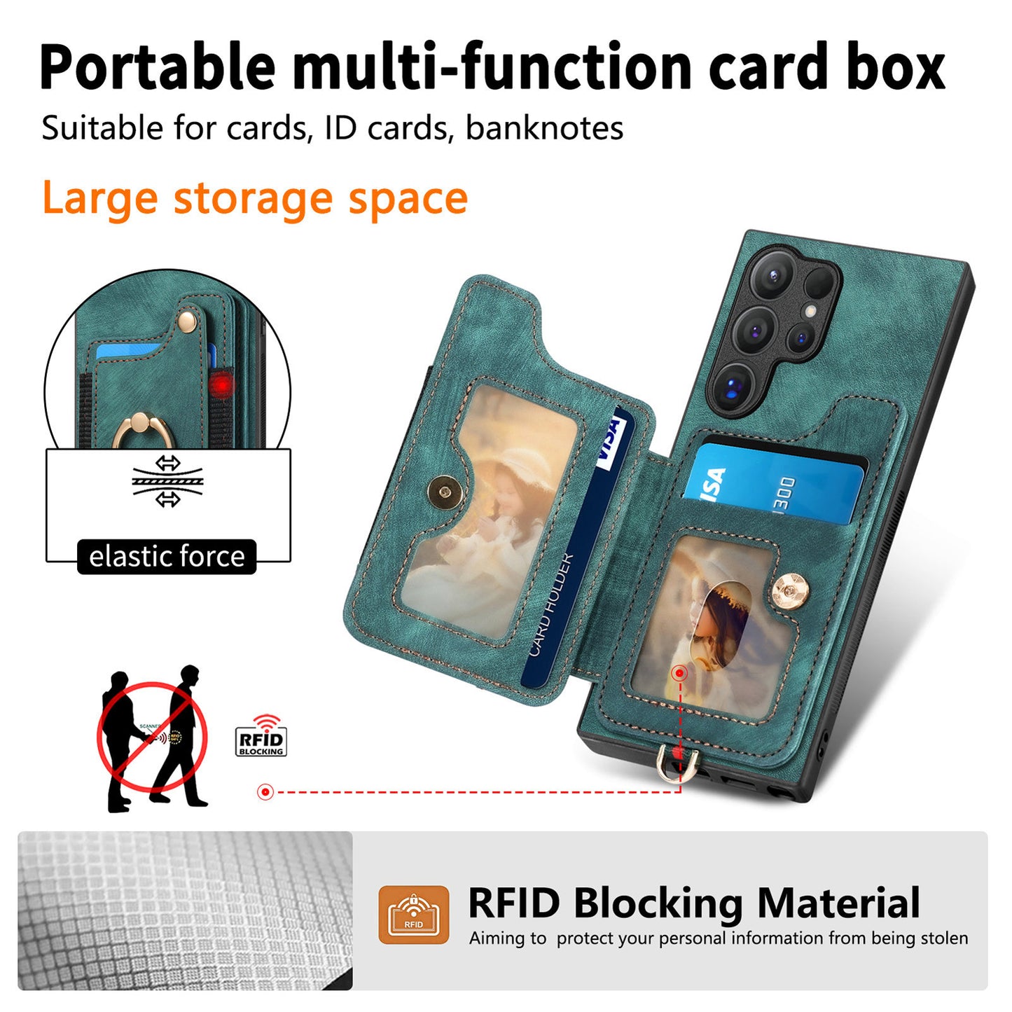 D4 For Samsung Galaxy S24 Ultra Leather Back Cover RFID Blocking Kickstand Phone Case with Card Slots - Green