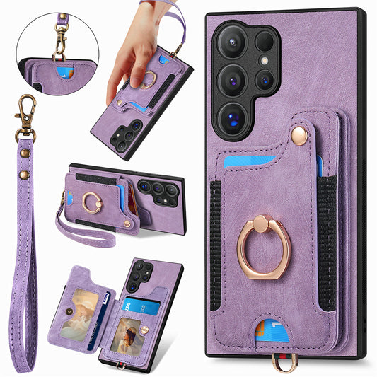 D4 For Samsung Galaxy S24 Ultra Leather Back Cover RFID Blocking Kickstand Phone Case with Card Slots - Purple