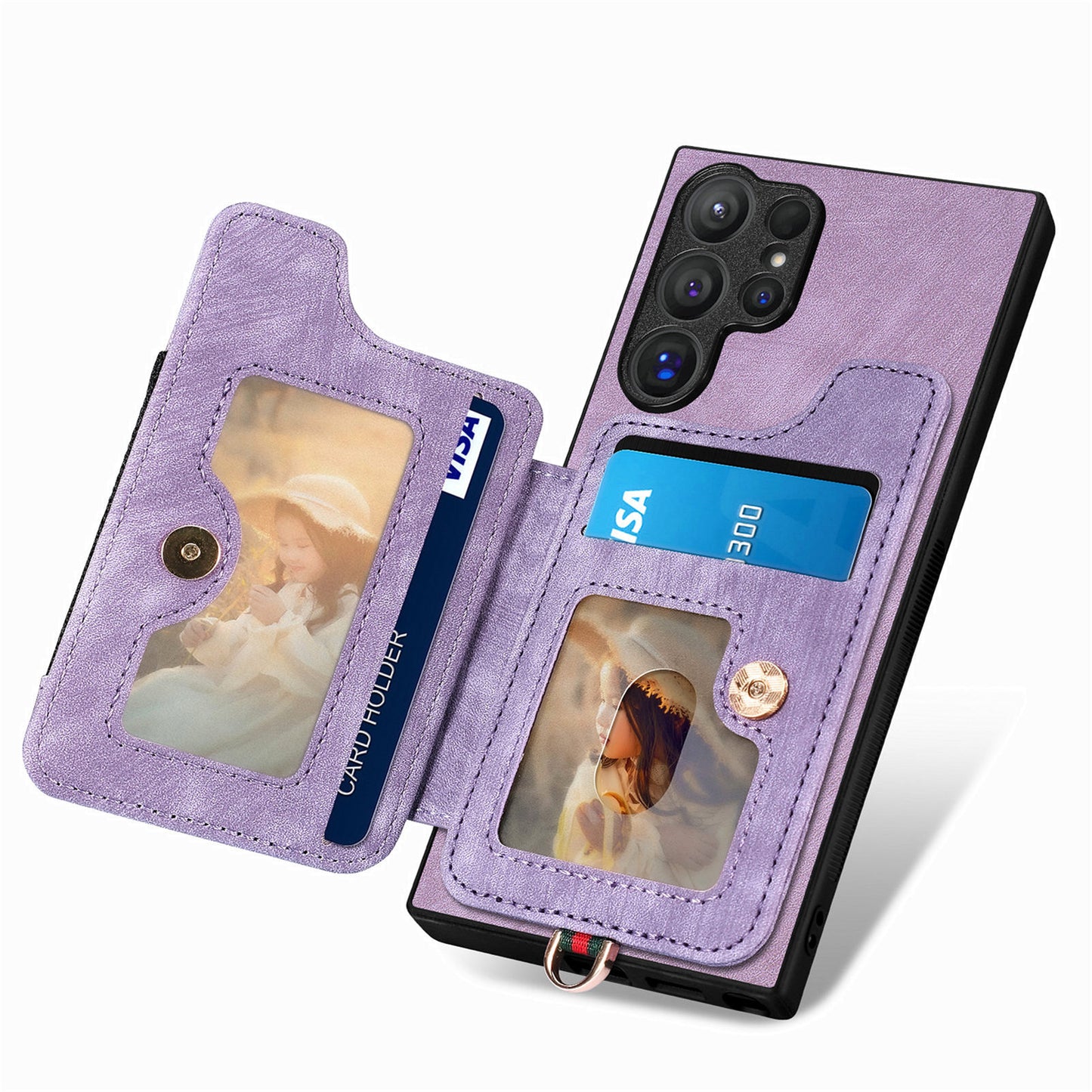 D4 For Samsung Galaxy S24 Ultra Leather Back Cover RFID Blocking Kickstand Phone Case with Card Slots - Purple