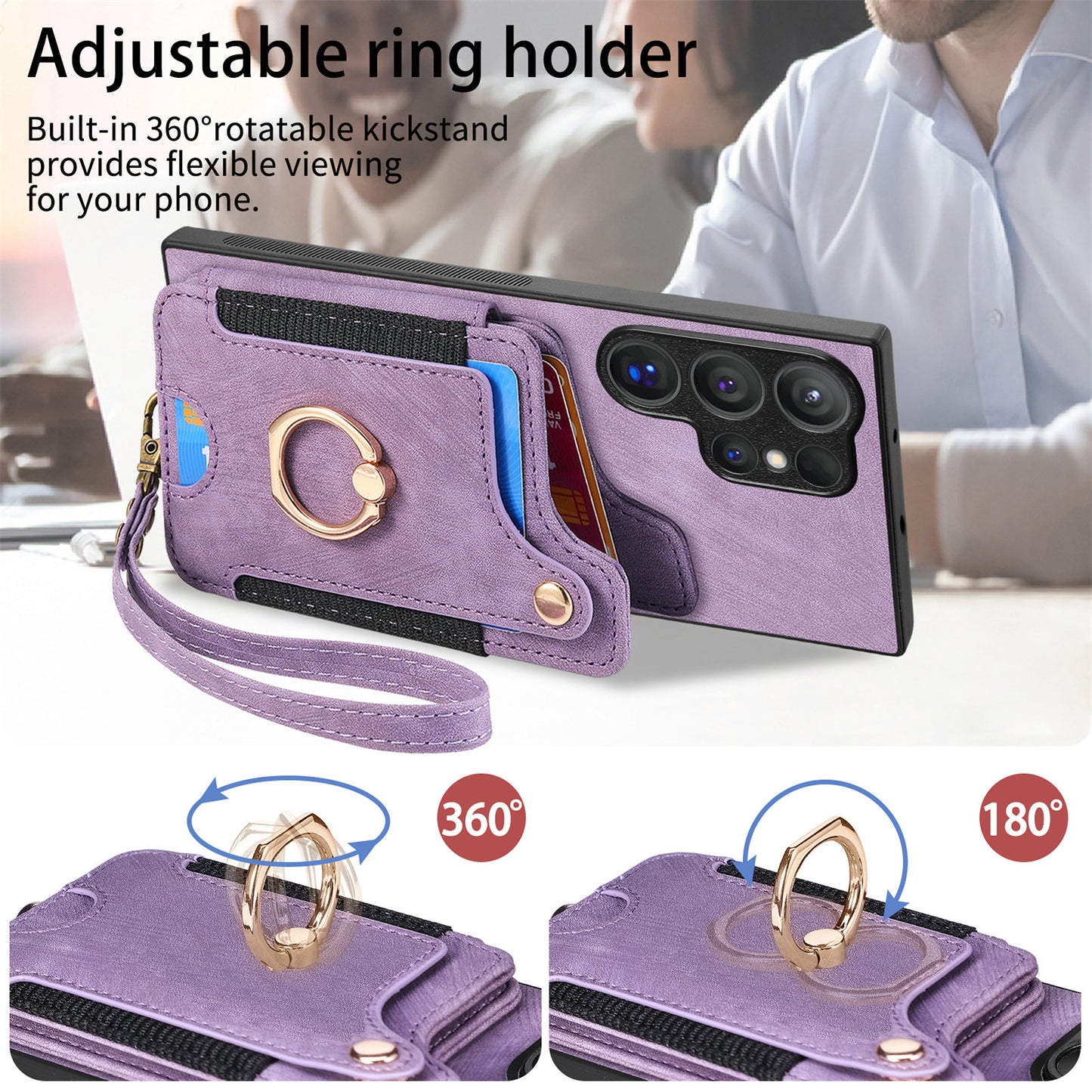 D4 For Samsung Galaxy S24 Ultra Leather Back Cover RFID Blocking Kickstand Phone Case with Card Slots - Purple