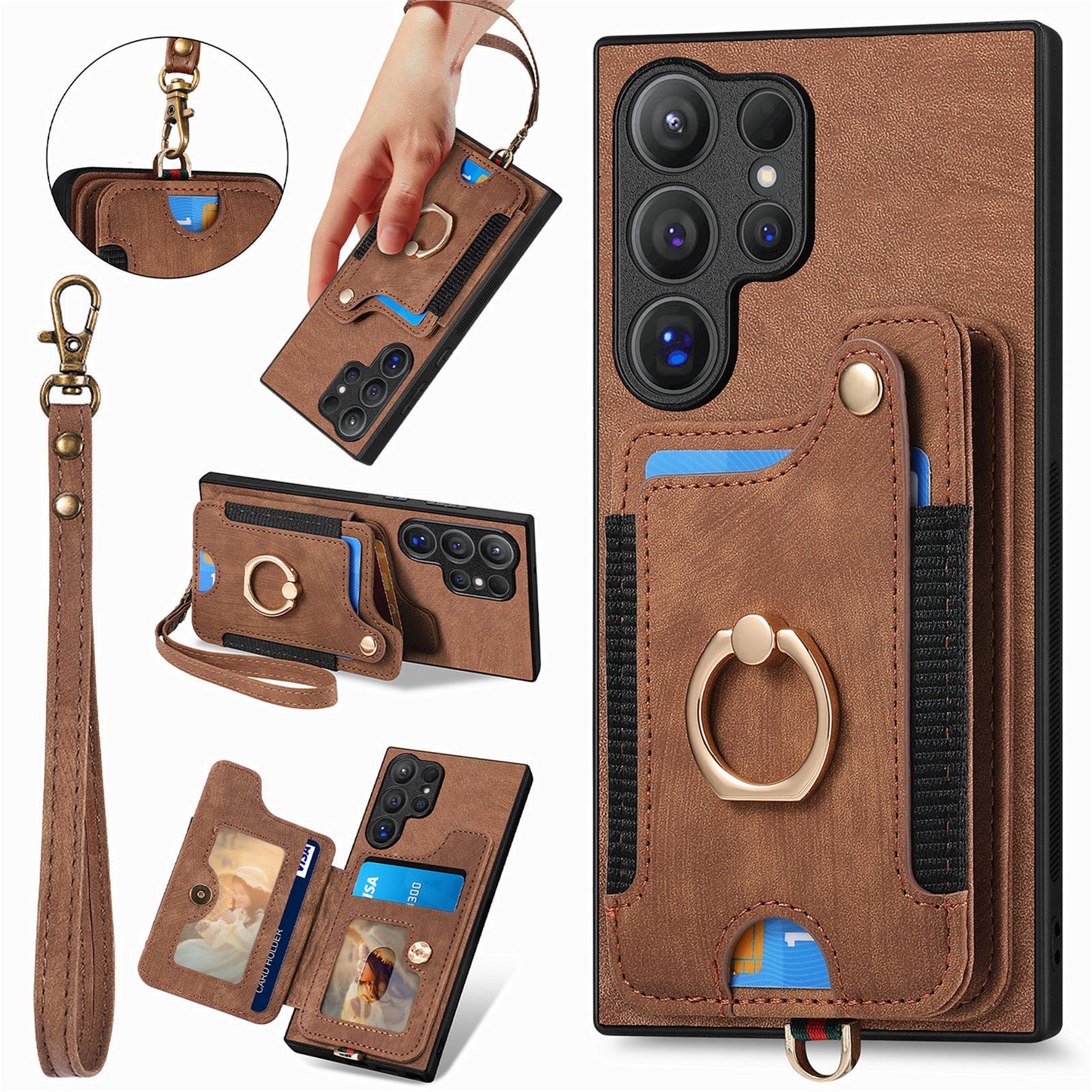 D4 For Samsung Galaxy S24 Ultra Leather Back Cover RFID Blocking Kickstand Phone Case with Card Slots - Brown