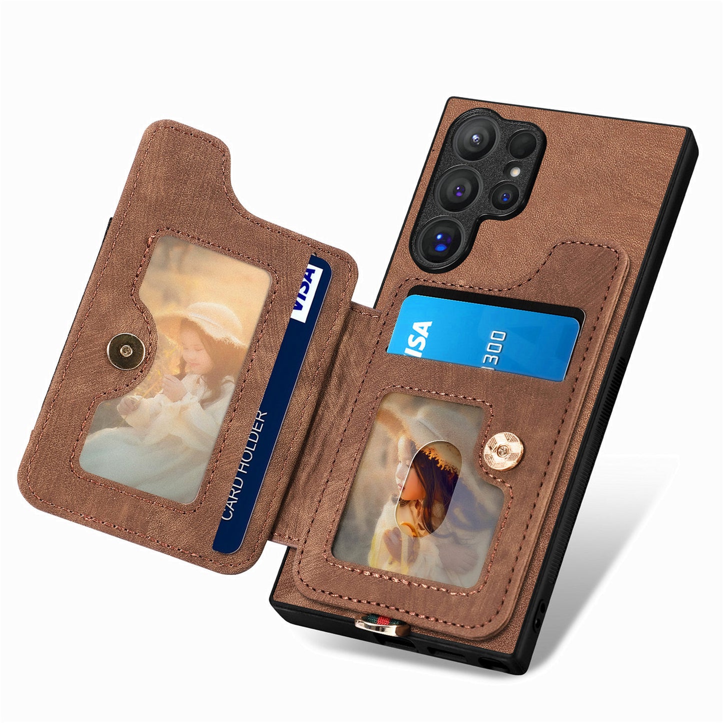 D4 For Samsung Galaxy S24 Ultra Leather Back Cover RFID Blocking Kickstand Phone Case with Card Slots - Brown