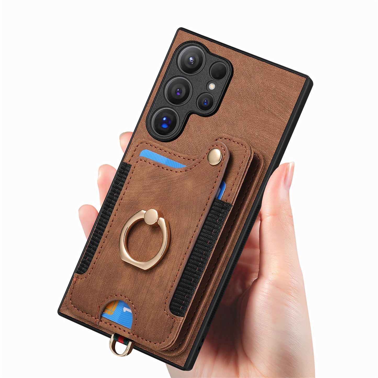 D4 For Samsung Galaxy S24 Ultra Leather Back Cover RFID Blocking Kickstand Phone Case with Card Slots - Brown