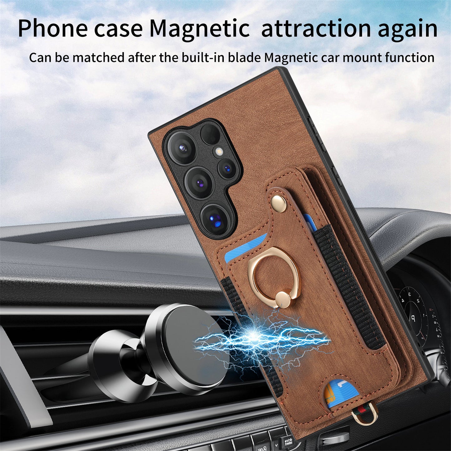 D4 For Samsung Galaxy S24 Ultra Leather Back Cover RFID Blocking Kickstand Phone Case with Card Slots - Brown