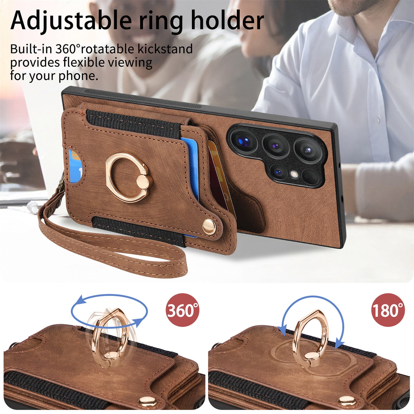 D4 For Samsung Galaxy S24 Ultra Leather Back Cover RFID Blocking Kickstand Phone Case with Card Slots - Brown