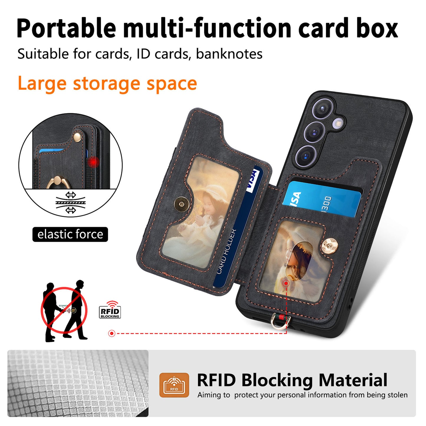 D4 For Samsung Galaxy S24+ Phone Case with RFID Blocking Card Holders Magnetic Snap - Black