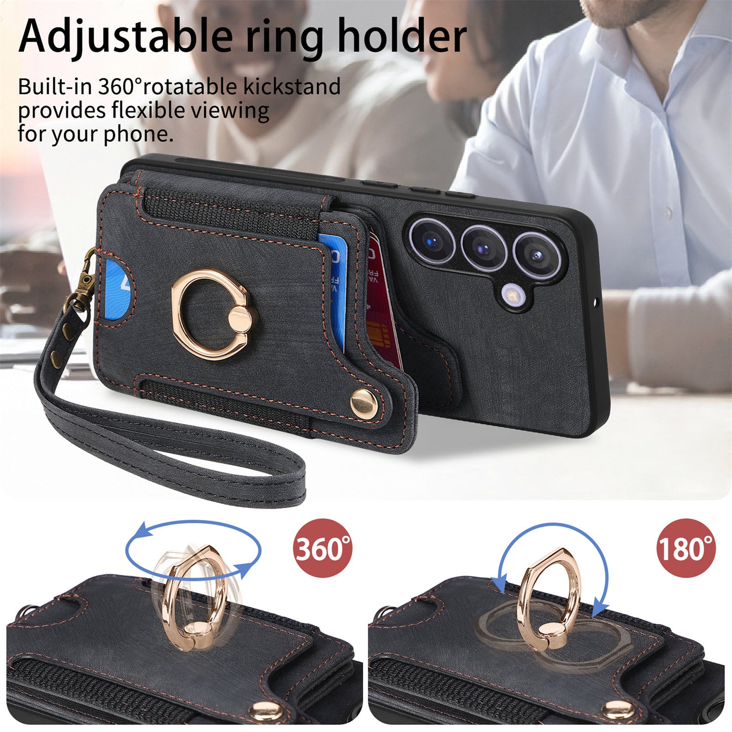 D4 For Samsung Galaxy S24+ Phone Case with RFID Blocking Card Holders Magnetic Snap - Black