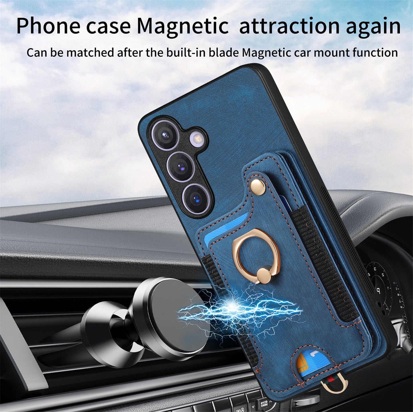 D4 For Samsung Galaxy S24+ Phone Case with RFID Blocking Card Holders Magnetic Snap - Blue
