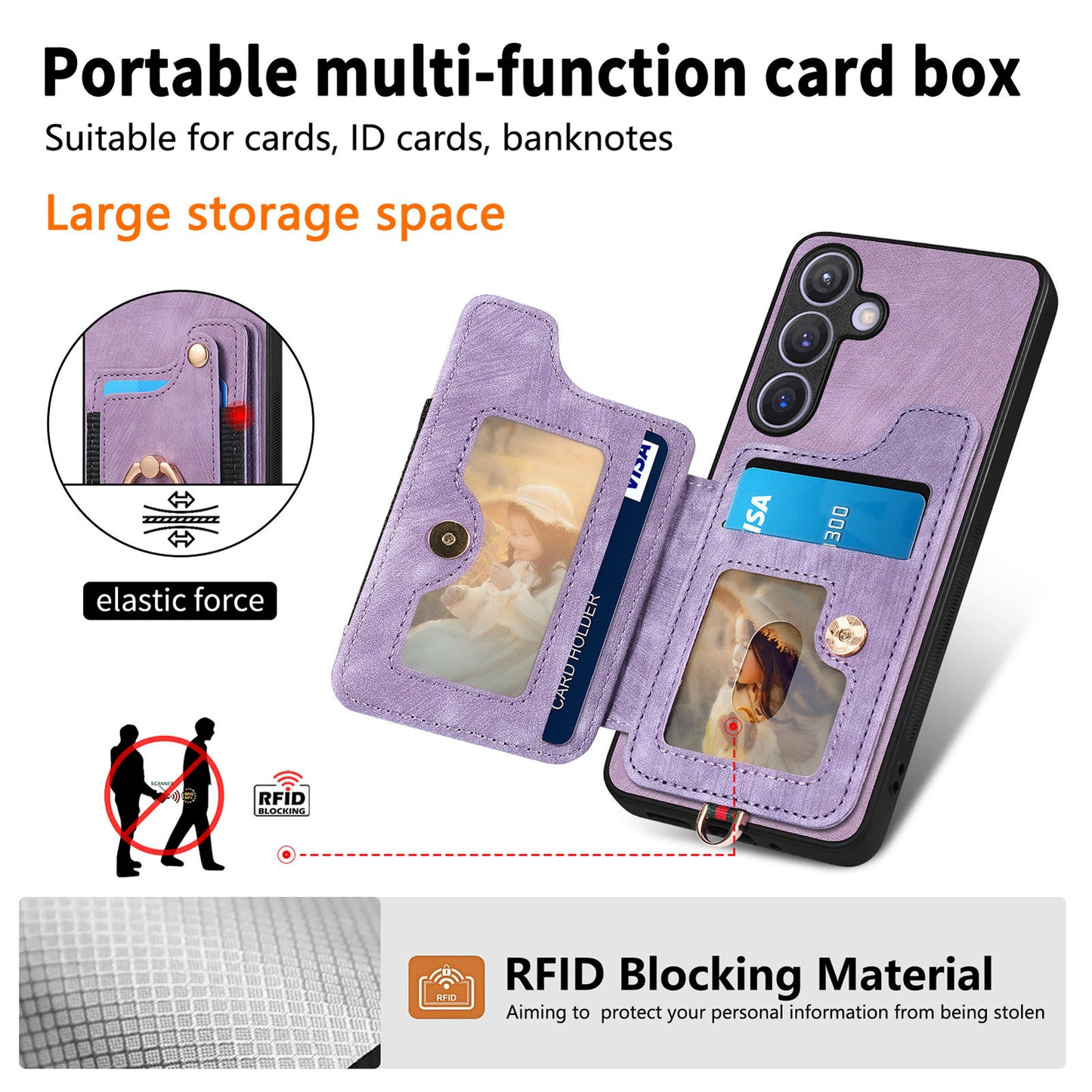 D4 For Samsung Galaxy S24+ Phone Case with RFID Blocking Card Holders Magnetic Snap - Purple