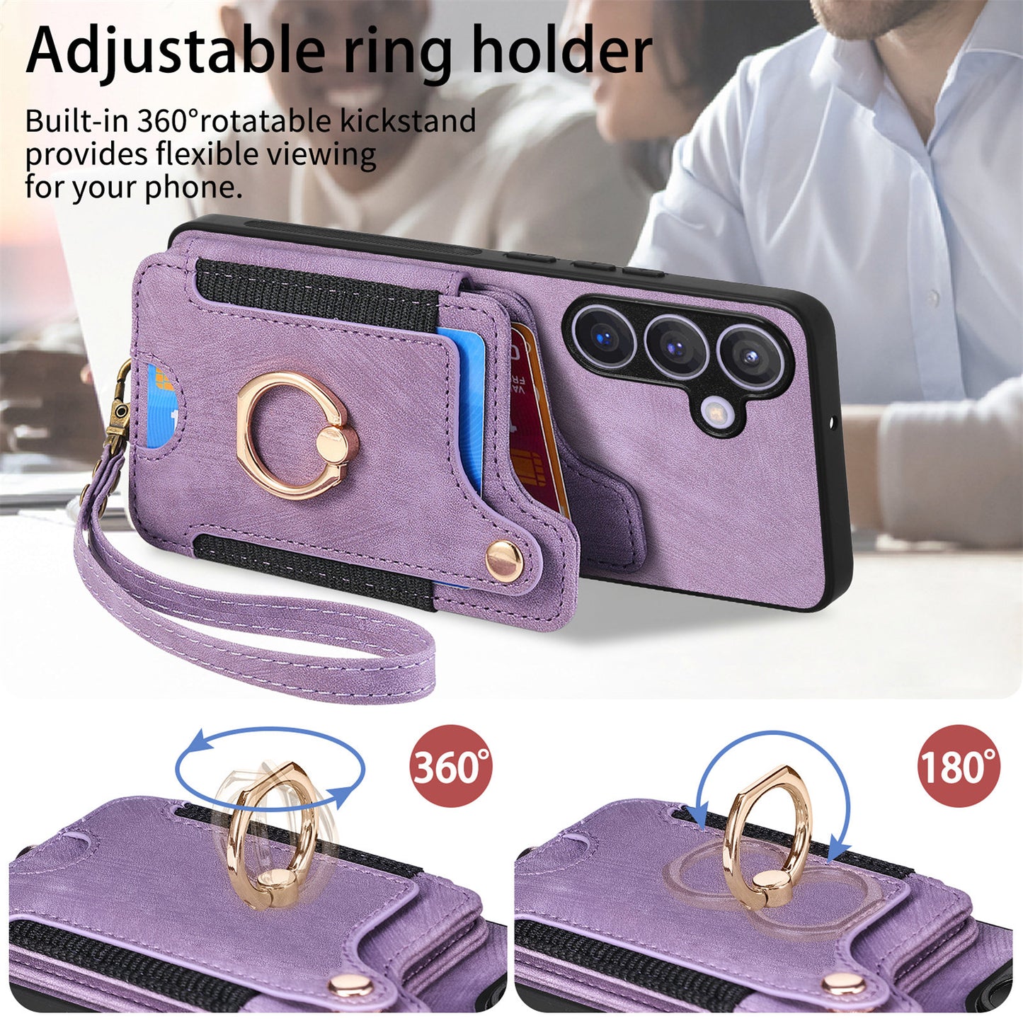D4 For Samsung Galaxy S24+ Phone Case with RFID Blocking Card Holders Magnetic Snap - Purple