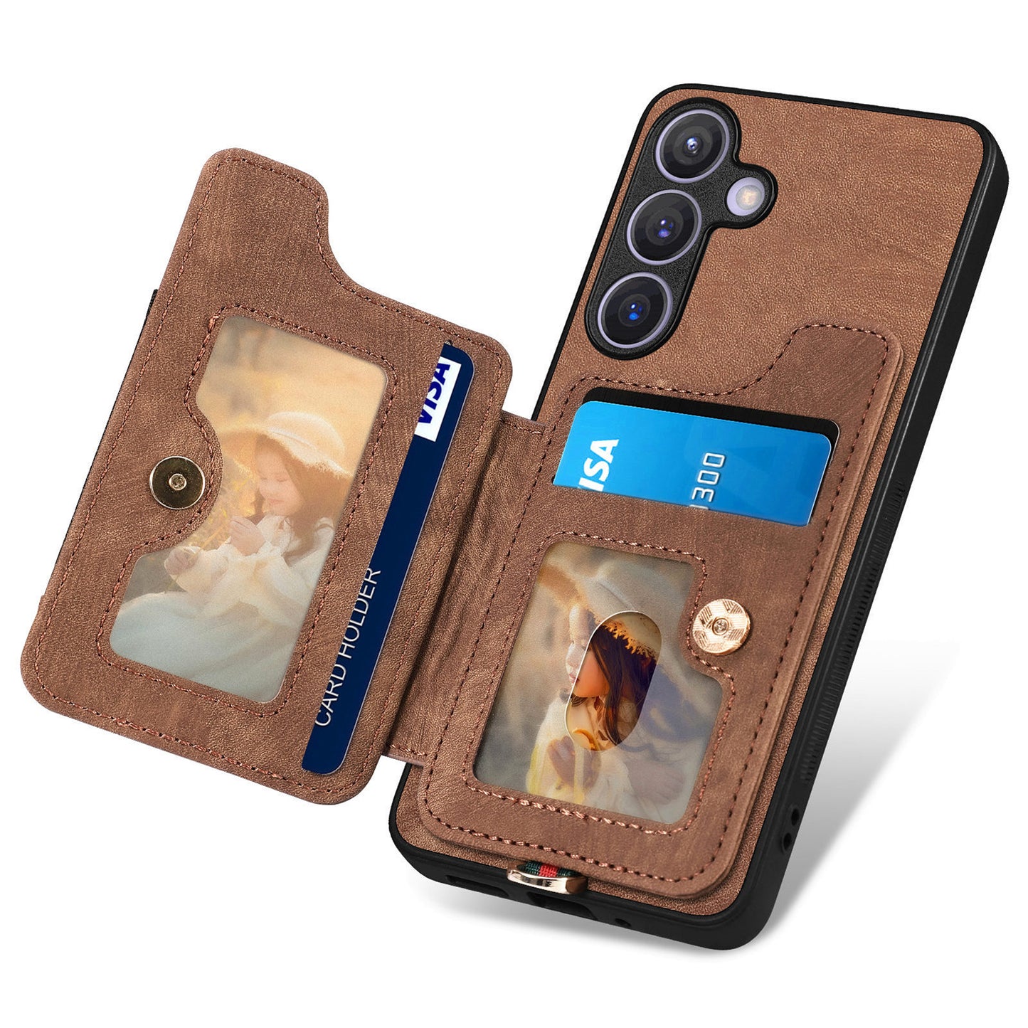 D4 For Samsung Galaxy S24+ Phone Case with RFID Blocking Card Holders Magnetic Snap - Brown