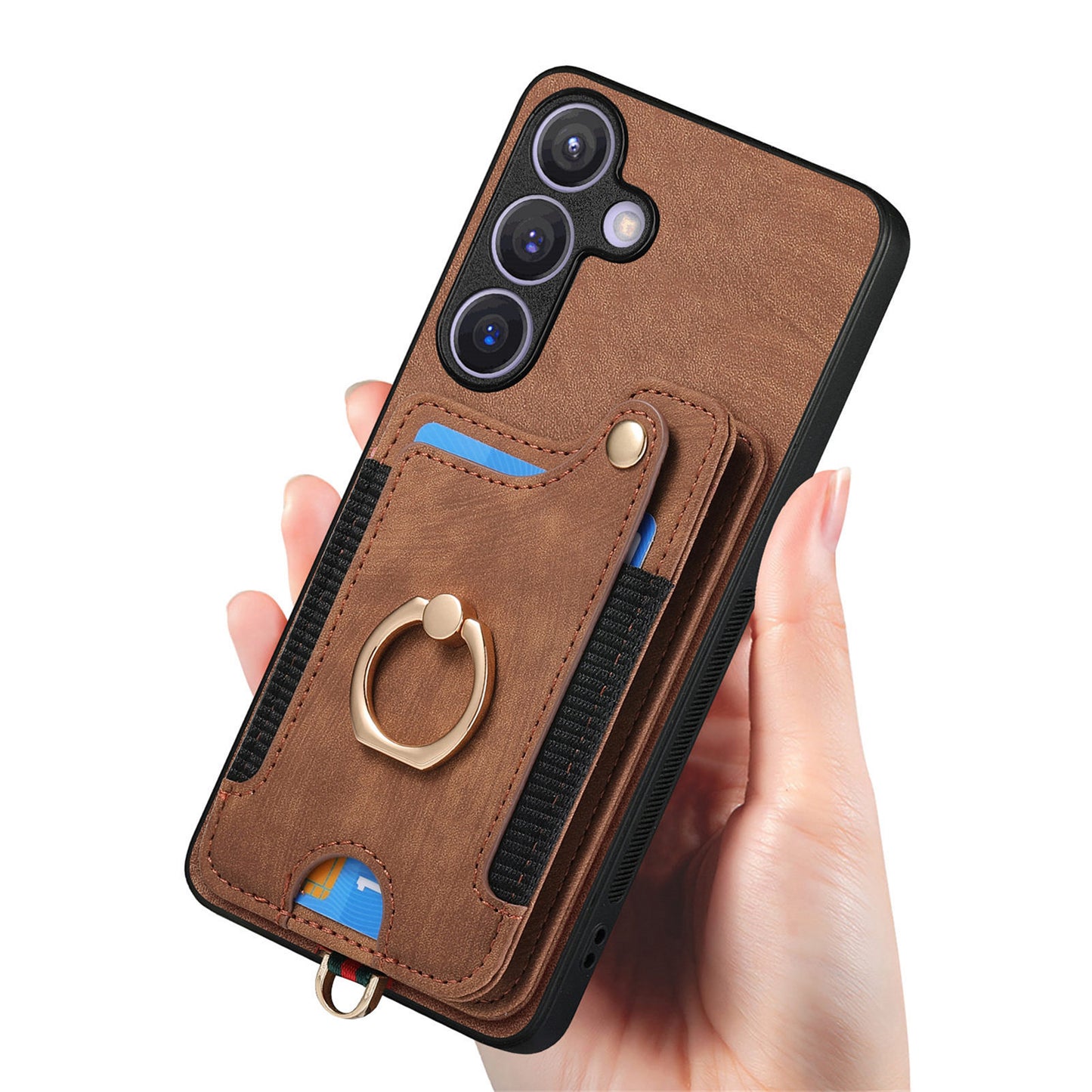 D4 For Samsung Galaxy S24+ Phone Case with RFID Blocking Card Holders Magnetic Snap - Brown