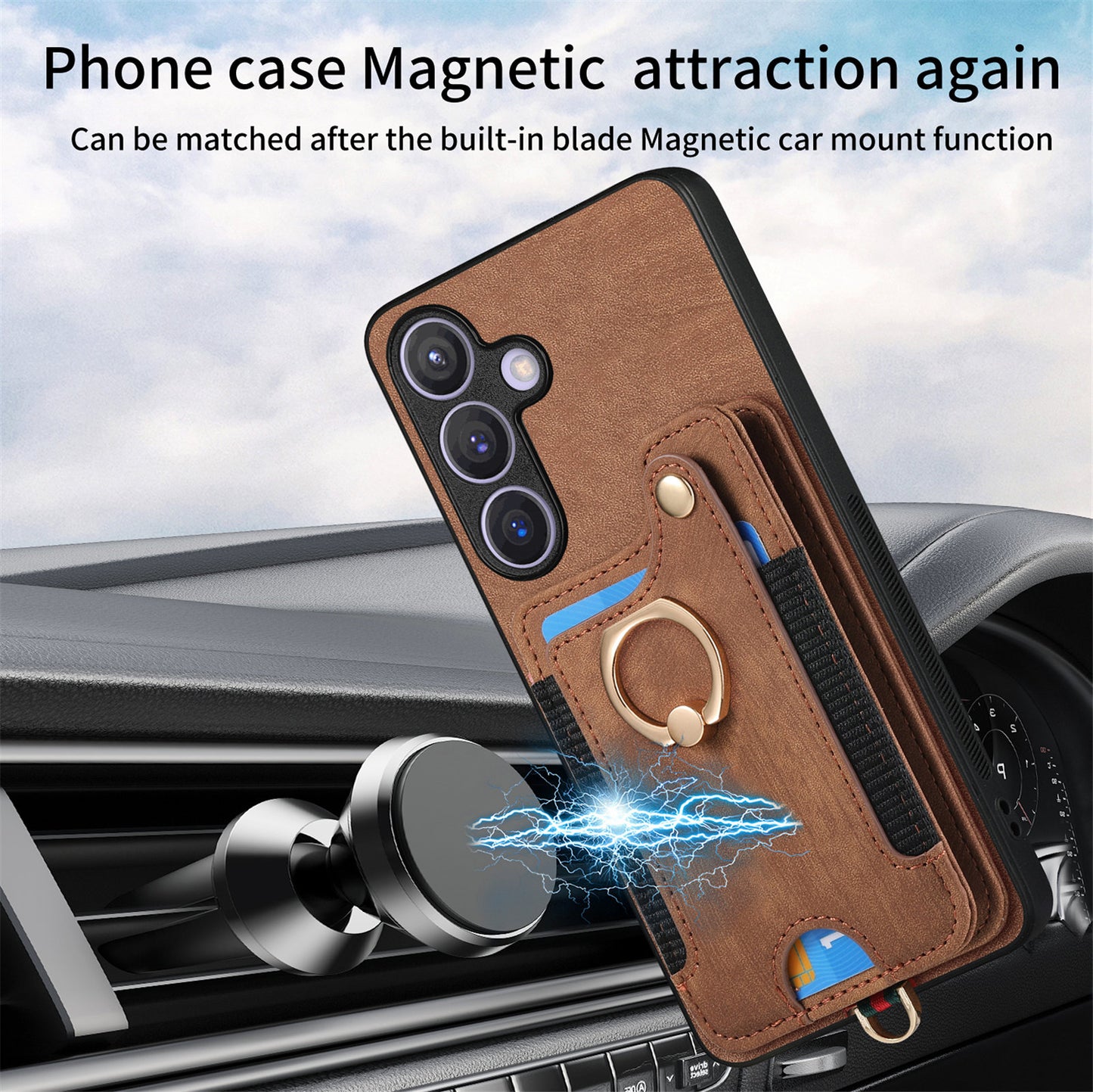 D4 For Samsung Galaxy S24+ Phone Case with RFID Blocking Card Holders Magnetic Snap - Brown
