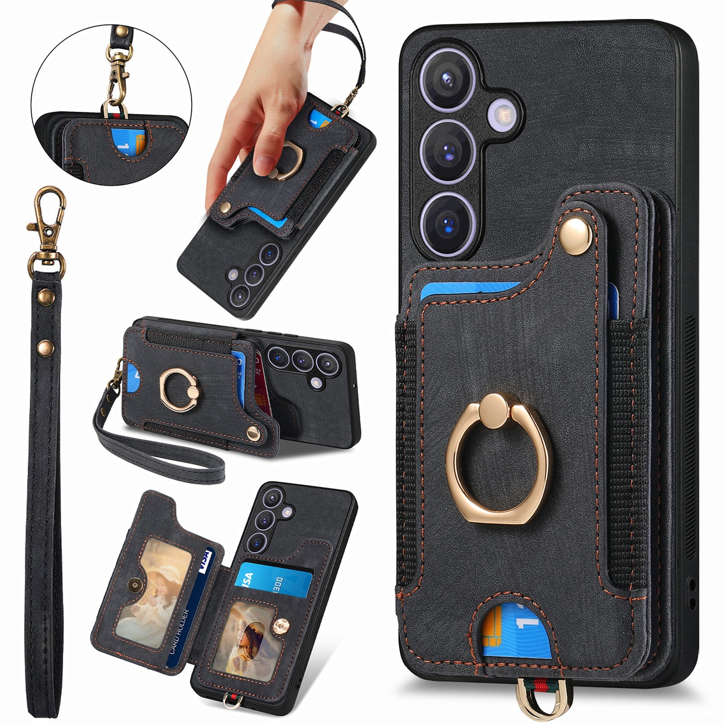 D4 For Samsung Galaxy S24 Vintage Phone Case Card Slots Kickstand Cover RFID Blocking - Black