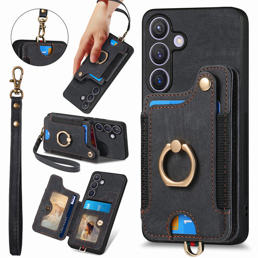 D4 For Samsung Galaxy S24 Vintage Phone Case Card Slots Kickstand Cover RFID Blocking - Black