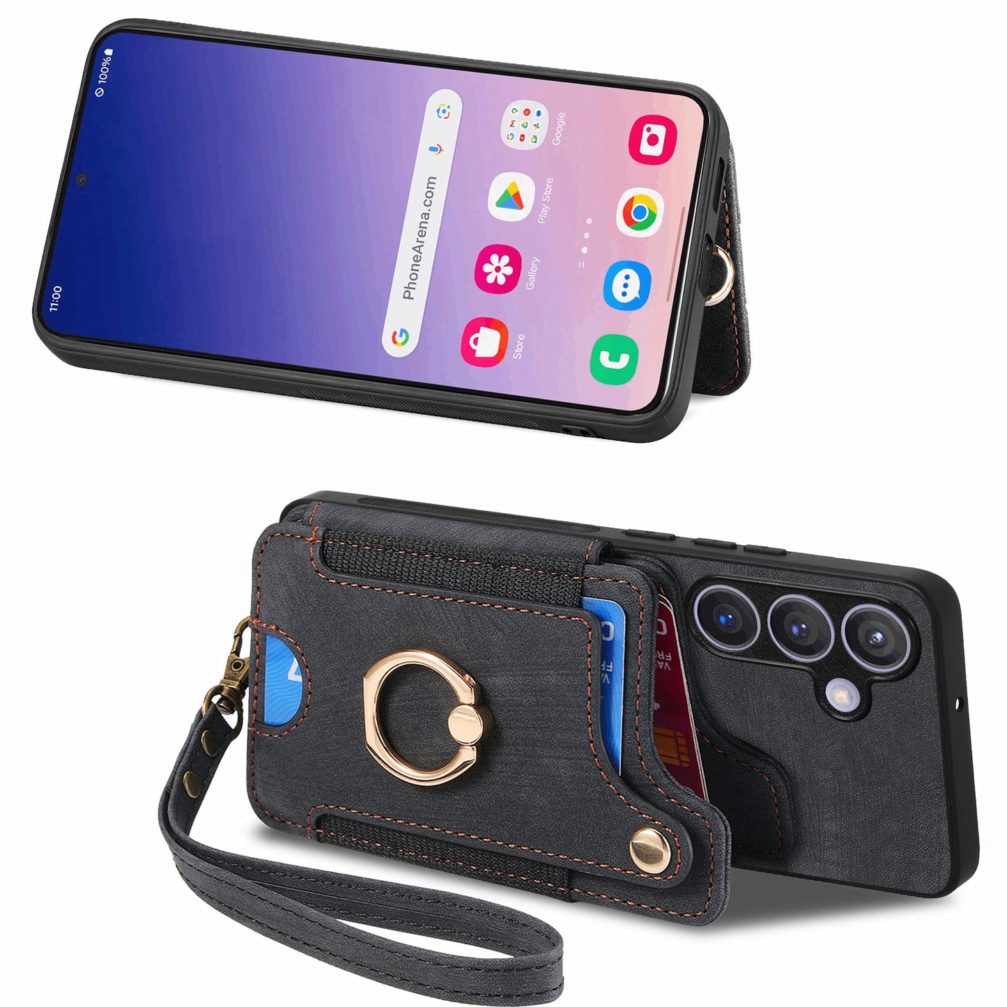 D4 For Samsung Galaxy S24 Vintage Phone Case Card Slots Kickstand Cover RFID Blocking - Black