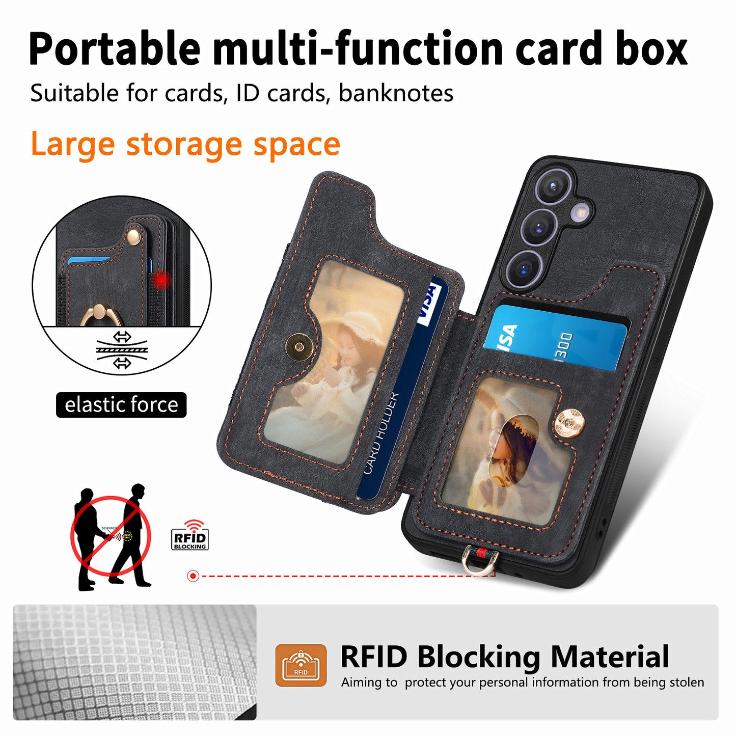 D4 For Samsung Galaxy S24 Vintage Phone Case Card Slots Kickstand Cover RFID Blocking - Black