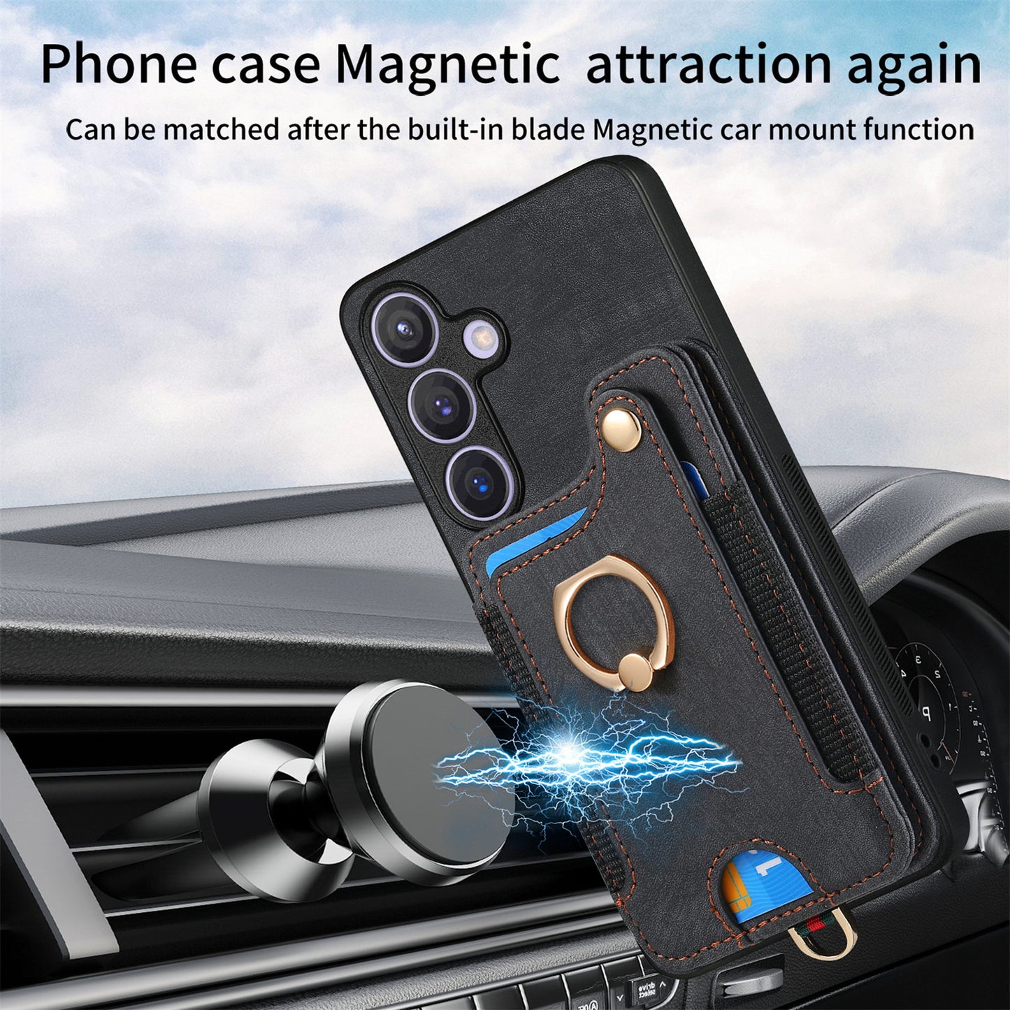 D4 For Samsung Galaxy S24 Vintage Phone Case Card Slots Kickstand Cover RFID Blocking - Black