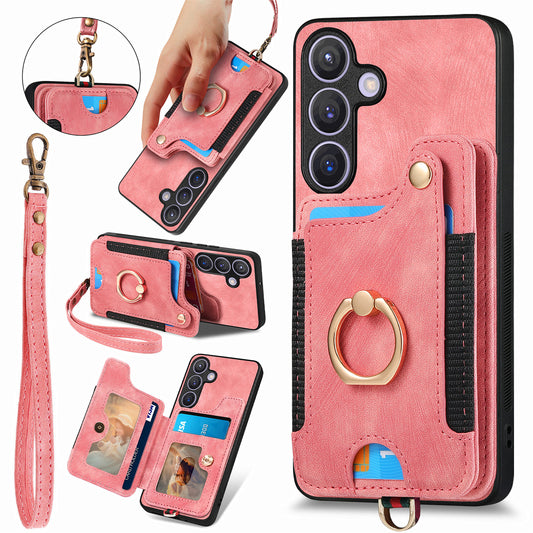 D4 For Samsung Galaxy S24 Vintage Phone Case Card Slots Kickstand Cover RFID Blocking - Pink